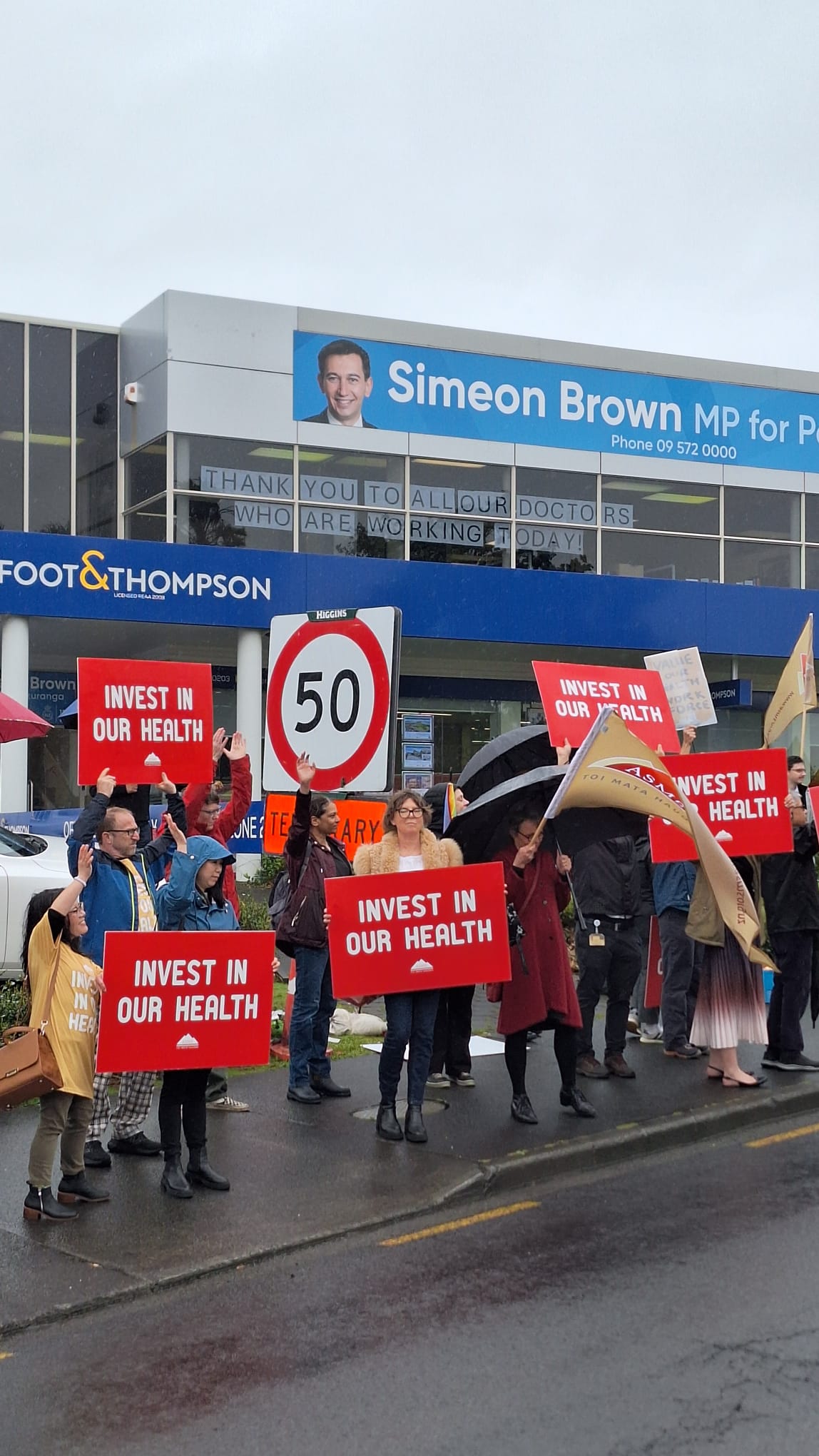 Senior doctors picketing outside Simeon Brown's electorate office in Pakuranga on Sept 23, 2025.